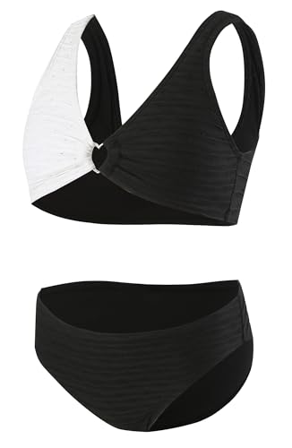 Girl's Two Piece Bikini Set V Neck Ring Linked Bathing Suits with Bikini Bottom Swimsuit 2025