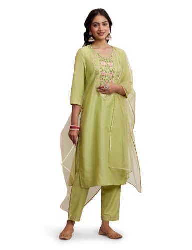 Image of Amazon Brand - Myx Women's Embroidered Kurta Pant Set with Dupatta (Available in Plus Sizes)