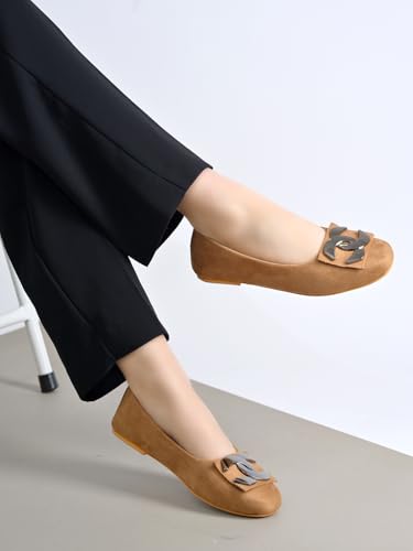 Image of Women's Suede Ballet Flats with Decorative Buckle - Slip-On Casual Bellies