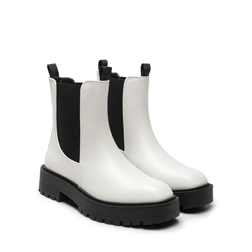 DREAM PAIRS Women's Chelsea Ankle Boots Square Toe Fashion Low Heel Lug Sole Platform Fall Booties Shoes,Size 5.5,White-Pu,SDAB2412W