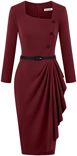 MUXXN Women's 50s V Neck Midi Pencil Long Sleeve Sheath Vintage Cocktail Business Wear to Work Dress Merlot XL