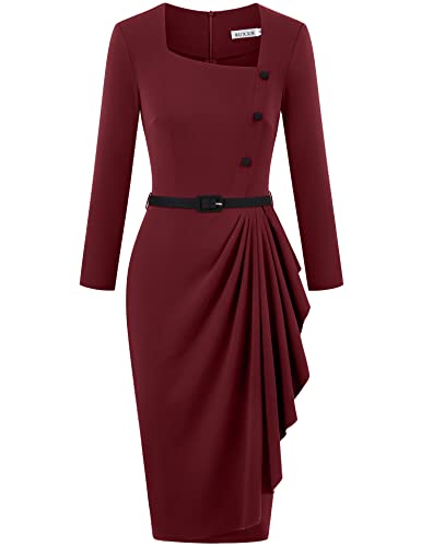 Muxxn Women's 50S V Neck Midi Pencil Long Sleeve Sheath Vintage Cocktail Business Wear To Work Dress Merlot Xl #TOP3