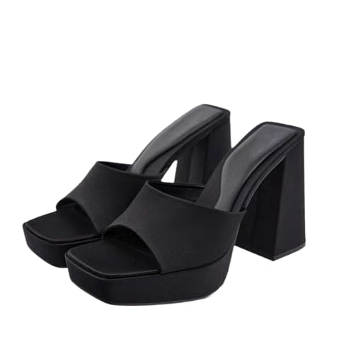 Women'S Satin Chunky Heel Mule Sandals Fashion Square Open Toe Chunky Platform Dress Sandals For Party, Date, Evening Party