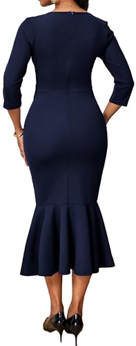 Image of Elegant Dress for Women Sexy V Neck Long Sleeve Bodycon Midi Fishtail Dresses