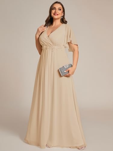 Image of Ever-Pretty Short Sleeves V Neck Plus Size Formal Dresses for Curvy Women Chiffon Mother of The Bride Dress Evening Gowns