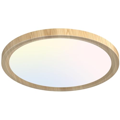 zemty 12Inch Wood-Look Ceiling Light, 28W 3200lm LED Flush Mount Ceiling Light with 3 Color Temperature 3000K/4500K/6000K - Round Flat Light Fixture for Kitchen Bathroom Livingroom，1Pack