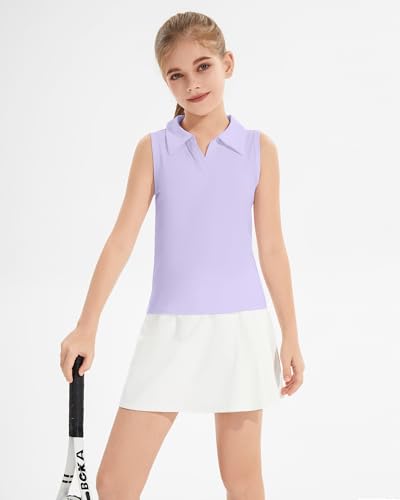 Image of Girls Sleeveless Polo Shirts, Kids V Neck Golf Shirts Blouses, Quick Dry Athletic Girls Tennis Tank Tops, Size 5-14