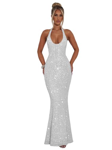 POMUYOO Sparkly Long Prom Dresses Silver Halter Sequin Mermaid Evening Dress Glitter Formal Gown for...