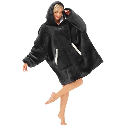 Kipswiza Wearable Blanket Hoodie for Women and Men, Cozy Soft Sherpa Oversized Hooded Blankets Sweatshirt as Birthday Gifts for Her Mom Girlfriend Boyfriend, Black