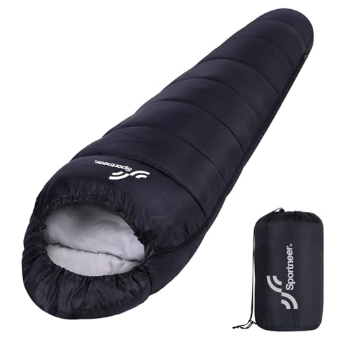 Schlafsack Outdoor Mumienschlafsack: Sportneer 3–4 Jahreszeiten Leichtes Wasserabweisend Schlafsack 5 ℃ - 15 ℃ für Reise Festival Camping Indoor Kleines Packmaß & Ultraleicht (Schwarz)