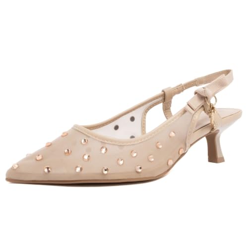 Juicy Couture Sandália social feminina de malha com strass bico fino salto baixo gatinho, Nude., 36