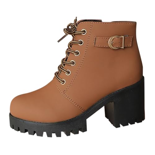 Botines para mujer con plataforma y tacón medio, elegantes, con hebilla, de piel sintética, con cremallera lateral, botines de motociclista, Brown, 38 EU