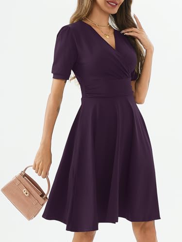 Image of Women's Summer Casual Dress Short Sleeve Wrap V-Neck A-Line Dress Sundress Wedding Guest Cocktail Midi Dresses