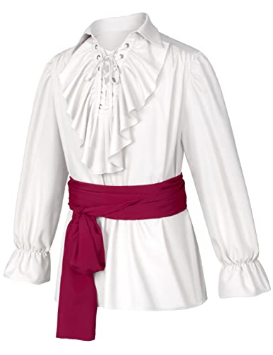 Irtysh Men's Renaissance Victorian Medieval Pirate Shirt Lace Up Colonial Steampunk Costume Tops Waist Belt Set(White 2Xl) #TOP2
