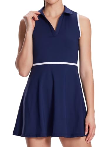 Women's Tennis Dress with Detachable Pocket Shorts, Convertible V-Neck & Polo Collar for Golf Gym