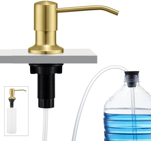 CREA Küchenspülen Eingebaute Seifenspender, Spülmittelspender für Spülbecken Einbau in Arbeitsplatte mit 500ml Flasche und 1m Verlängerungsschlauch von Oben Befüllen Edelstahl, Gold