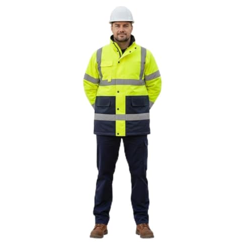 Image of A2Z Hi Vis 3/4 Length Parka Jacket Mens Waterproof High Visibility Coat Reflective - Hi Vis Parka Yellow/Navy M