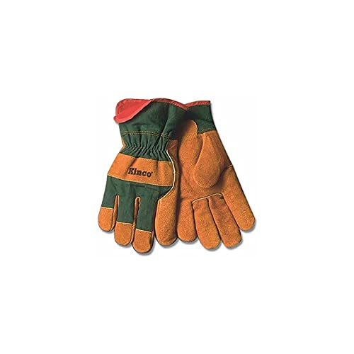 KINCO 1721GR-L Men's Lined Leather Palm Gloves, Suede Cowhide, Green Fabric Back, Large, Russet
