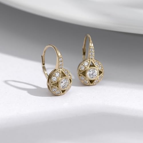 14K Plated Yellow Gold, Platinum Plated 925 Sterling Silver Leverback Antique Earrings for Women | 1 Carat Round Cut Cubic Zirconia CZ Simulated Diamond3