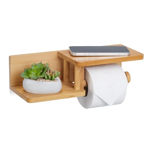 Relaxdays Support de Papier Toilette en Bambou avec étagères pour Smartphone et Rouleau, 9x31x12 cm, Naturel