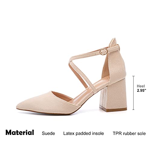 Zaynsia Women’s Chunky Heels Closed Pointed Toe Pumps Crossed Ankle Strap Comfortable Block Heels Dress Pump Shoes Beige/Suede #TOP2