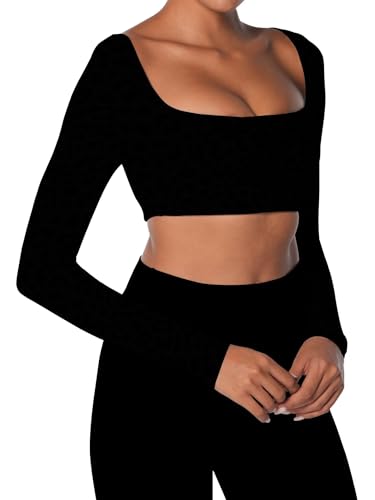 Sunzel Long Sleeve Workout Tops for Women Breathable Square Neck Crop Top with Built in Bra Cropped Yoga Shirt for Lounge Gym2