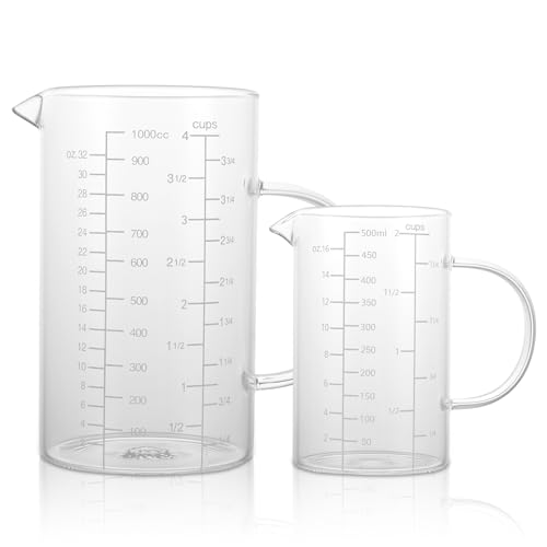 LDHHYH Caraffa Graduata, 1000ml, 500ml Bicchiere Graduato Set da 2,Caraffa Graduata in Vetro Borosilicato con Beccuccio, Misurino Graduato in Vetro per Liquidi, Cucina