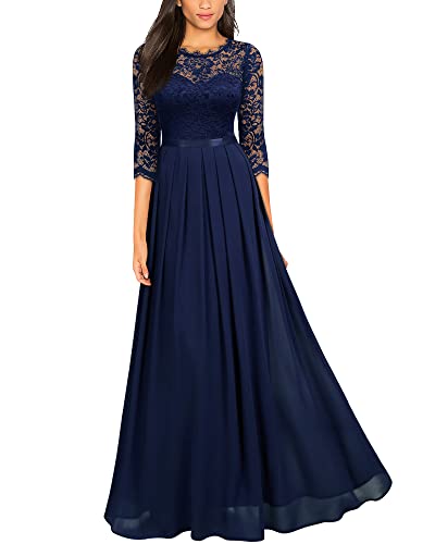 MIUSOL Damen Elegant Halbarm Rundhals Vintage Spitzenkleid Hochzeit Chiffon Faltenrock Langes Kleid Navy Blau L