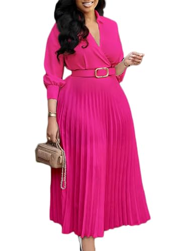 Image of Famnbro Womens Pleated Dress V Neck Long Sleeve A line Church Formal Works Business Dresses with Belt