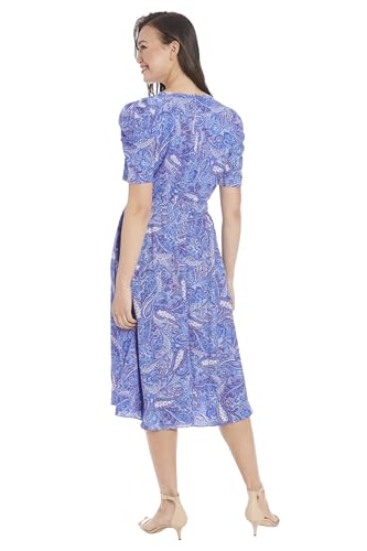 Image of London Times Women's Caterpillar Puff Sleeve Midi Dress - Gathered Waist A-Line Flowy Summer Dress