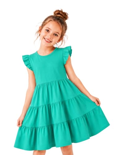 Image of HILEELANG Girls Cotton Tiered Dress Flutter Ruffle Sleeve Summer Swing Sundress Birthday Party Casual Outfit Colorblock 2-12Y