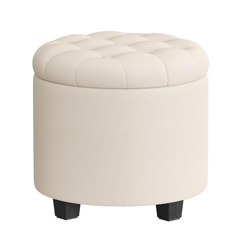 SONGMICS Pouf Contenitore Rotondo, Cassapanca, 45 x 45 x 44,5 cm, Poggiapiedi con Gambe, Tessuto Effetto Lino, Portata Fino a 150 kg, per Soggiorno, Camera da Letto, Beige Chiaro LOM011W01
