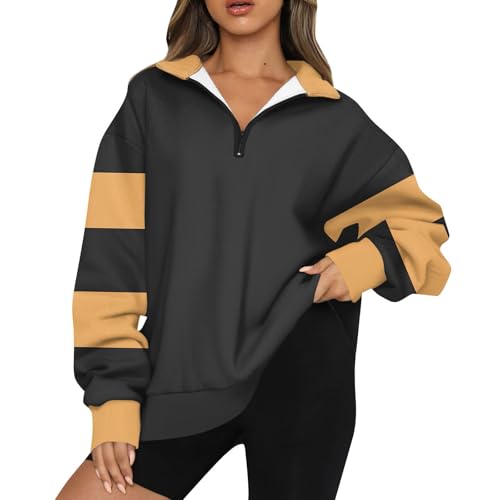 GOFULY Fall Fashion For Women 2024 Trendy,Women'S Sweatshirts Graphic Fleece Loose Fit Cute Long Sleeve Shirts For Women Cotton Striped Print 1/4 Zip Pullover Collared Neck Trending Clothes Yellow M