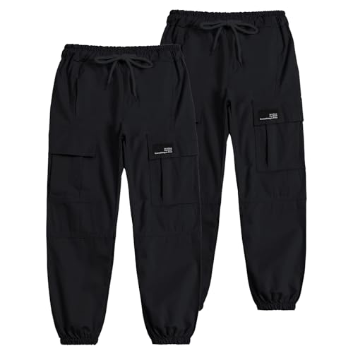 Image of Cromoncent Girls 2 Packs Cargo Pants Elastic Waist Lightweight Outdoor Jogger Pants Black+Black 7-8 Years