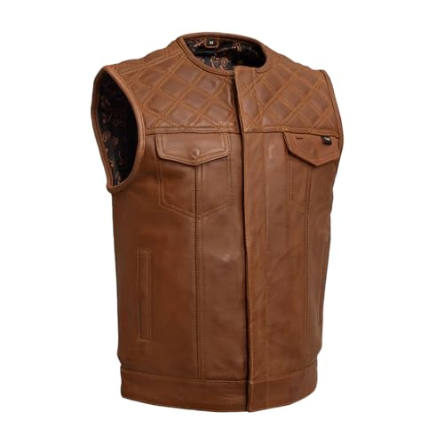 First Mfg Co Dust Devil Leather Motorcycle Vest for Men Club style Biker Armored Vest in Double diamond Stitching, Bandana Lining w/panels for patches Brown Size 2XL