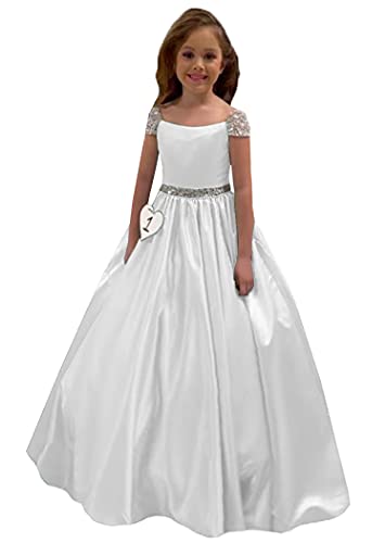 M_RAC Girls Cap Sleeves Pageant Dresses Stain Long Beaded Princess Birthday Party Formal Gowns with Pockets 6 White