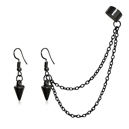 ANDPAI Unique Lightweight Black Silver Punk Long Tassel Chain Ear Cuff Earrings 316L Stainless Steel Vintage Barrel Nails Crawler Climer Dangle Drop Stud Earrings for Men Women Unisex