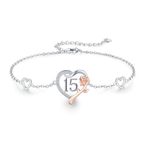 13th/15th/16th/18th/21st/30th/40th/50th/75th/80th Birthday Gifts for Women Daughter Wife Mom 925 Sterling Silver 18 Year Old Girl Birthday Gifts Heart Rose Flower Adjustable Bracelet Mothers Day Christmas Anniversary Graduation Jewelry