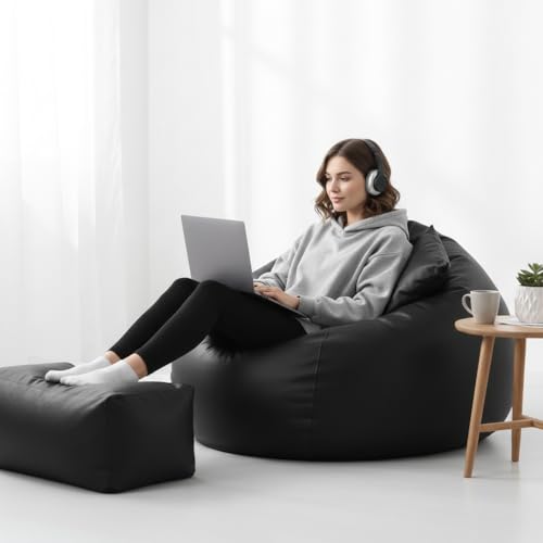Image of Luxury 5XL Jumbo Bean Bag with Footrest & Cushion | Premium Leatherette | High-Density Beans Filled | Heavy Duty Double Stitch | 6 Months Warranty Color- (Navy Blue) (Black)