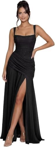 2026 Square Neck Pleated Bridesmaid Dresses with Slit Spaghetti S...