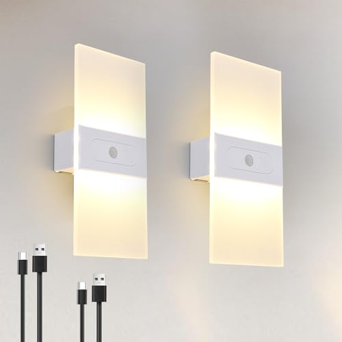 Clnutrieve Battery Operated Wall Lamp Set of 2,Magnetic LED Dimmable Wall Sconce Motion Sensor Rechargeable Night Lights Indoor for Living Room,Hallway,Stair,White Shell Warm White