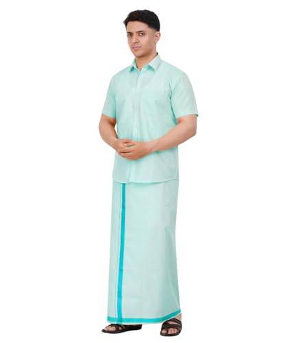 Image of Men's Traditional Indian Shirt and Dhoti Set, Half Sleeves Tissue Silk Cotton Shirt With Dhoti 2 metres for men