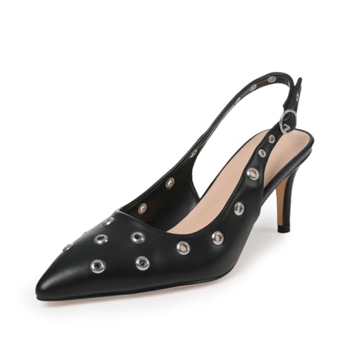 Womens Slingback Kitten Heels Studded Closed Pointed Toe Backless Low Pumps Wide Sexy Prom Wedding Casual Dress Shoes