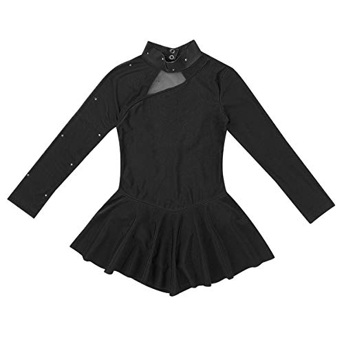 Inhzoy Kids Girls Figure Ice Skating Dress Long Sleeve Splice Cutout Back Roller Skating Ballet Dance Dress Tutu Skirted (Black, 8) #TOP2
