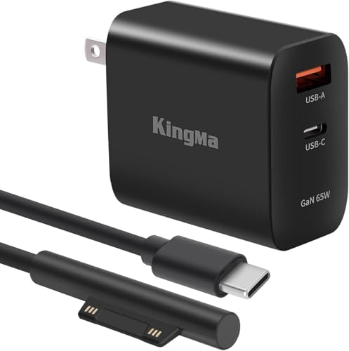 65W GaN Surface Charger, PD3.0 Fast Charging Magnetic Connector & Dual USB-C/A Ports, UL Certified, Compatible with Microsoft Surface Pro11/10/9/8/7/6/5/4/3/X/Go/Book/Studio, Portable Travel Adapter