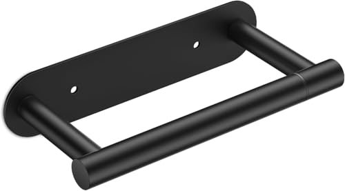 FORIOUS Toilet Roll Holder, Stainless Steel One-Piece Design Wall Mount or Adhesive Options, Double Post Pivoting Toilet Tissue Roll Holder for Bathroom, Matte Black