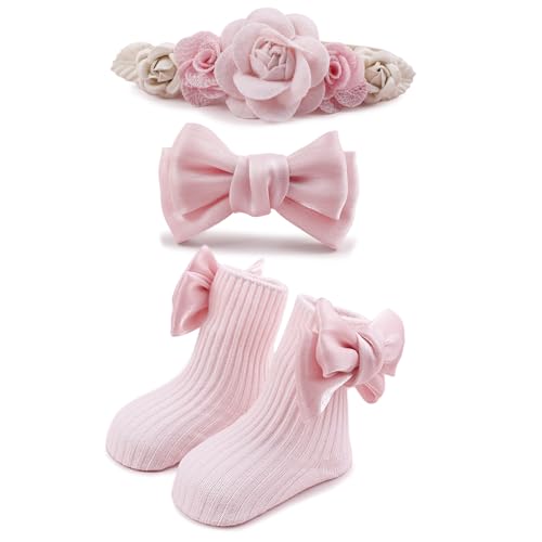 Image of BFNAAgirl Baby Girl Nylon Headbands Socks Set Baby Bow Tie Socks Newborn Flower Socks Elastic Hairbands Hair Accessories Gift for Newborn Infant Toddlers (W-3)