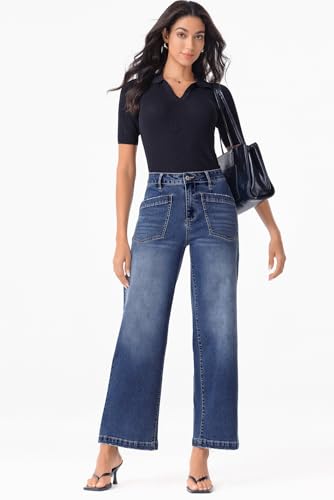 Sidefeel Women's Wide Leg Jeans High Waisted Stretchy Jeans Straight Leg Loose Fit Zimbaplatinum Ankle Denim Pants4