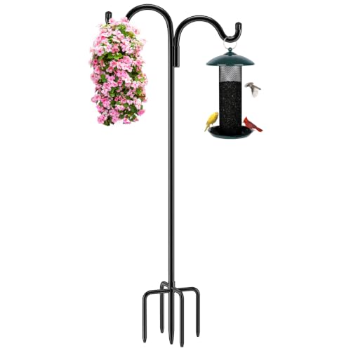 Gtongoko Double Shepherds Hook for Outdoor 108 Inch Bird Feeder Pole with 5 Prongs Base 5/8 Inch Thick Heavy Duty Adjustable Garden Hook for Hanging Plant Lantern Hummingbird Feeder 1 Pack
