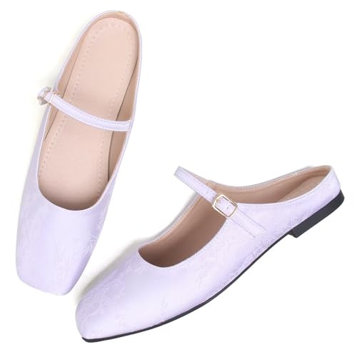 LUXINYU Retro Mules for Women Dressy Square Toe Backless Flat Mules with Strap Embroidered Satin Mary Jane Shoes
